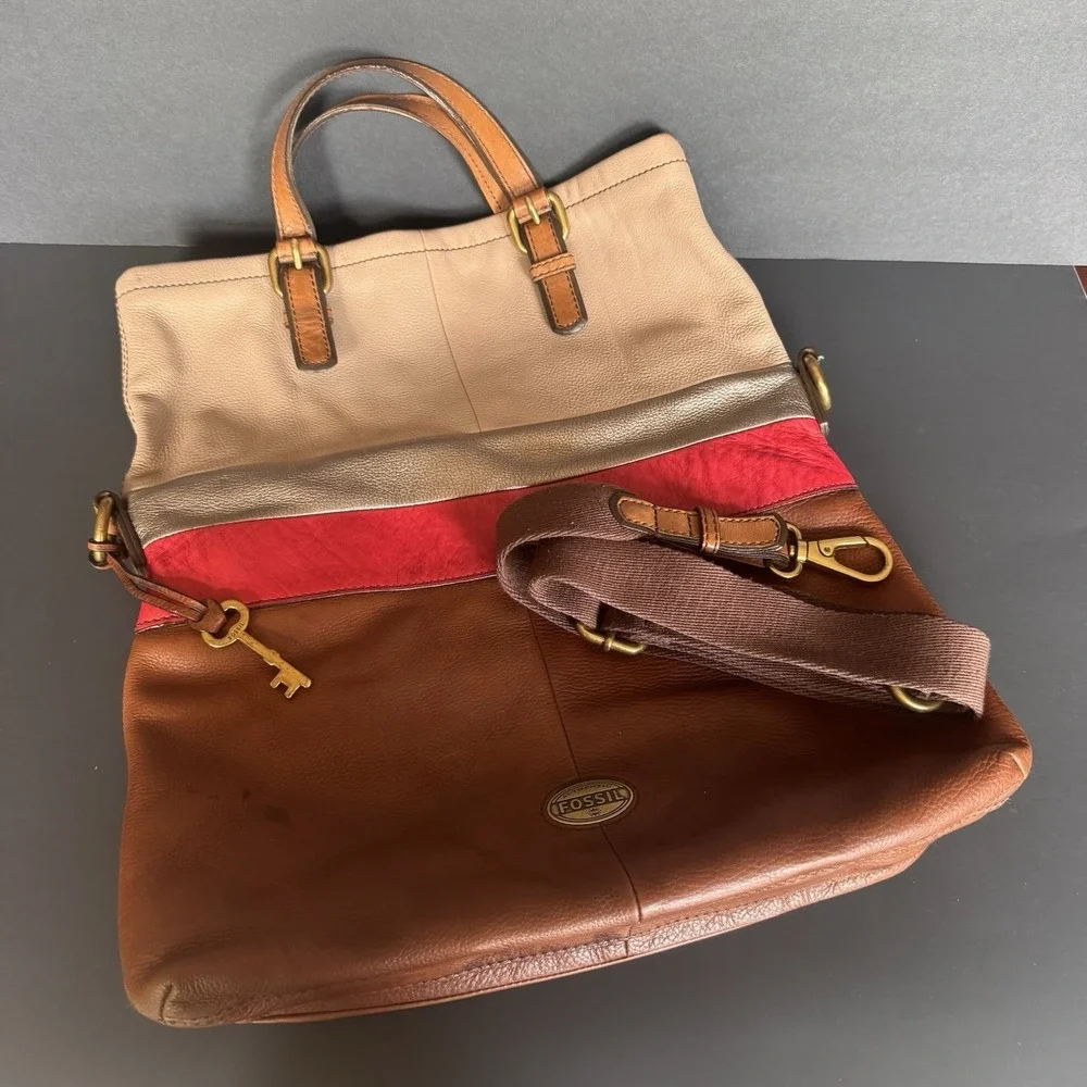 Fossil Explorer X-Large Foldover Crossbody Tote Brown Multicolor -